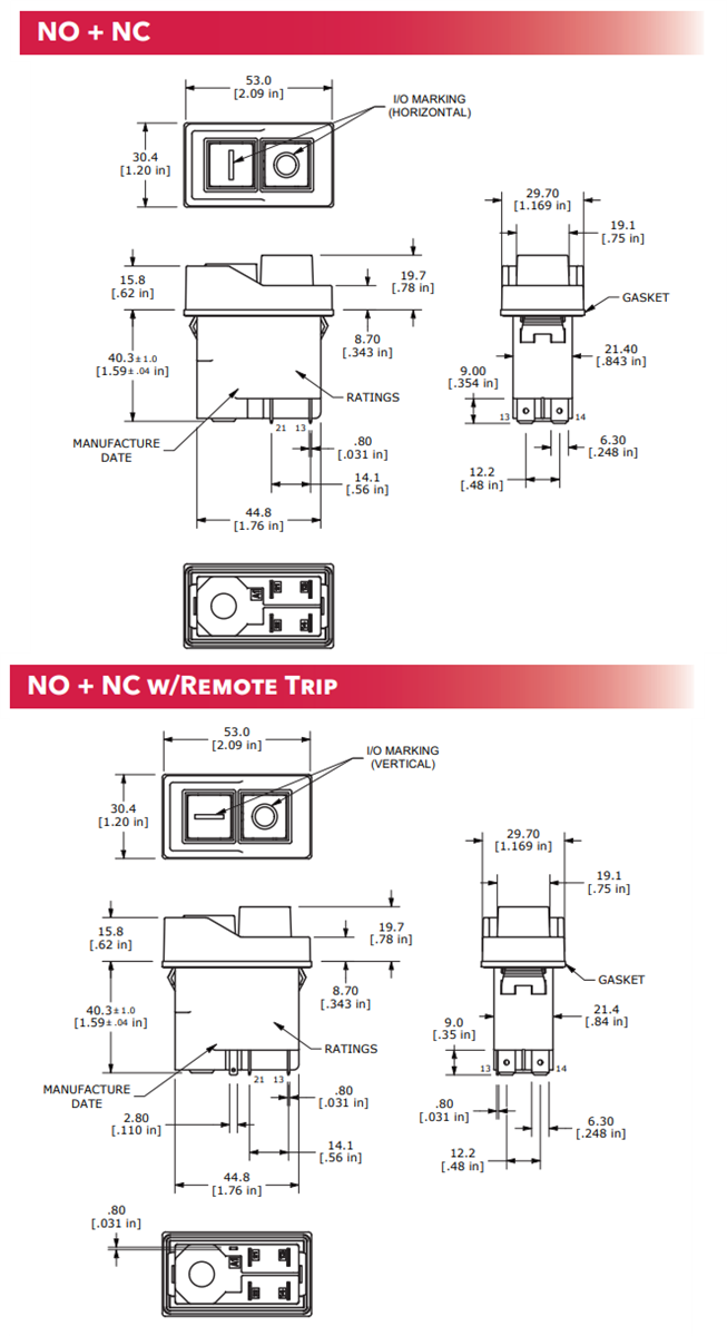 Mechanical Drawing - E-Switch KJE32 Heavy-Duty Industrial Pushbutton Switches